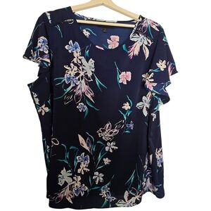 Lane Bryant Navy Lavender Floral Ruffle Short Sleeve Blouse